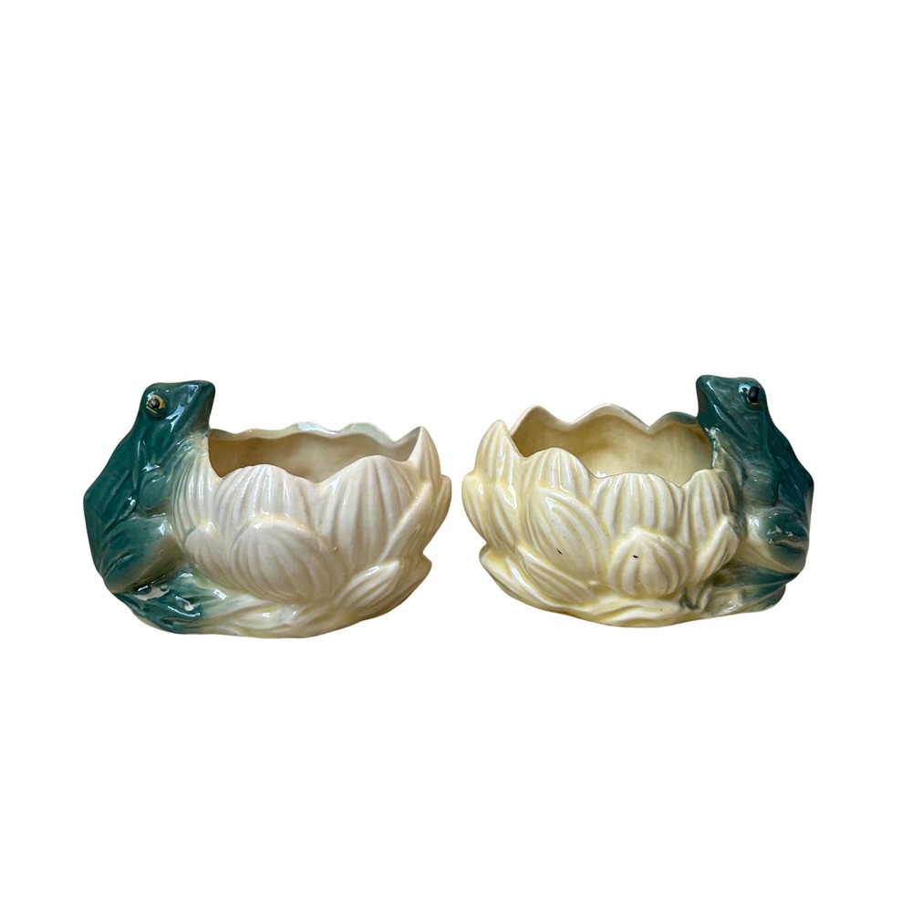 Vintage McCoy Frog on Lotus Flower Ceramic Planters Set of 2 Yellow Green Glaze